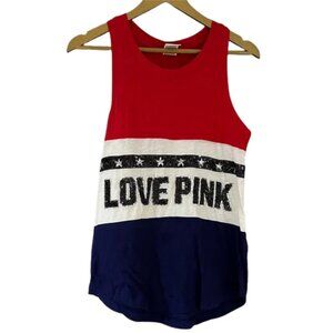 PINK Victoria’s Secret Red White Blue Sequin Logo Tank Top USA Graphic